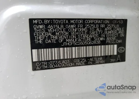 2013 Lexus Is 250 z USA, uszkodzony, nr VIN JTHCF5C26D5062838